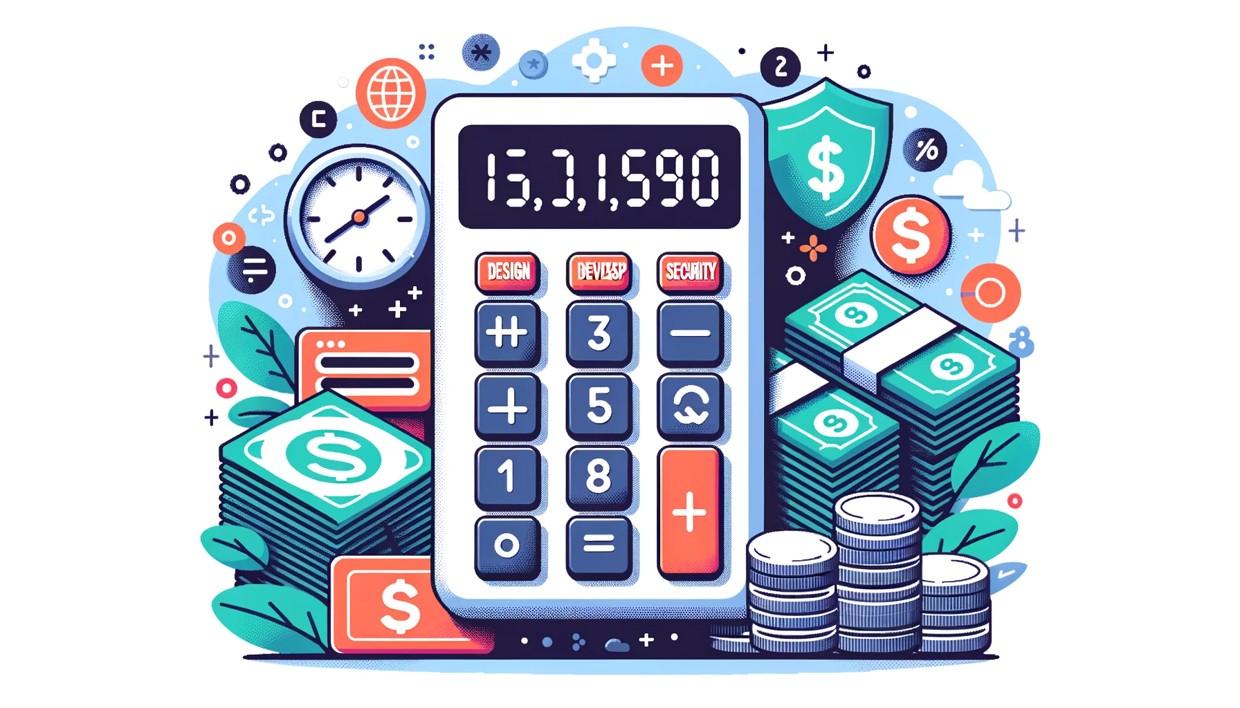 DALL·E 2023-10-05 09.09.47 - vector image of a calculator with numbers showcasing website outsourcing expenses, alongside icons representing website design, development, security,