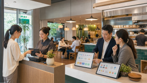 台灣餐飲門市中，店員協助顧客完成會員互動，營運團隊檢視抽象回訪週期資料。