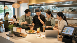 台灣餐飲團隊在前場與廚房交界檢視新品菜色、點餐偏好與抽象顧客回饋資料。