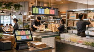 台灣餐飲門市尖峰時段中，POS 訂單畫面、廚房出餐看板、外送自取袋與備料庫存區串成整合營運流程。