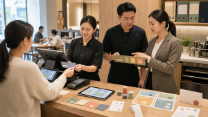台灣餐飲門市中,店員協助顧客使用會員卡片,營運團隊檢視抽象點數效期與兌換規則。