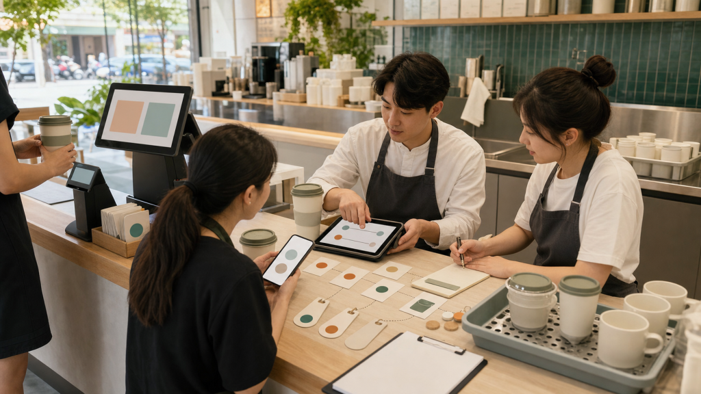 餐飲連鎖團隊在明亮門市中檢視循環杯借還、押金與會員資料流程