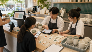 餐飲連鎖團隊在明亮門市中檢視循環杯借還、押金與會員資料流程
